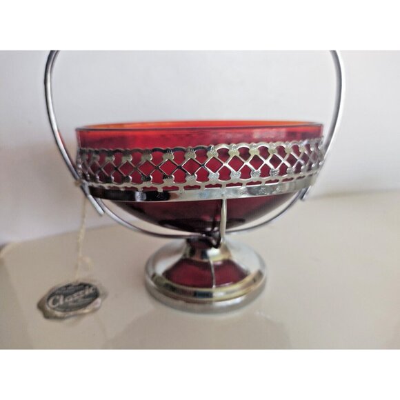 A Maywell Classic England Red Glass Oval Shaped Candy Bowl Silver Filigree Stand - Picture 5 of 9